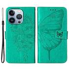 Butterfly iPhone 14 Pro Plånboksfodral Flower Imprinted Grön