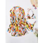SHEIN 3-pack färgblock halterneck triangel bikini baddräkt och kimono Enkel High Cut Multifärgad Geometrisk Mönster Grimma