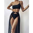 SHEIN 3pack One Shoulder Bikini Baddräkt & Beach Kjol Sexig High Cut Svart Slätt En Axel Delad Spänne