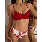 SHEIN Criss Kors växter Sexig Bikini Set Naturlig Röd Spaghetti Rem