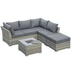 Outsunny 4pc PE Rattan Corner Sofa Set w/ Padded Cushion, Tea Table and Ice Bucket Light Grey