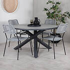 Venture Design Matgrupp Pincy med 4 Leon Matstolar Parma Table ø 140 Black Alu /Grey Aintwood+Lindos Armcha GR21726