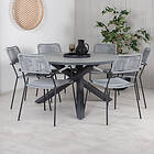 Venture Design Matgrupp Pincy med 6 Leon Matstolar Parma Table ø 140 Black Alu /Grey Aintwood+Lindos Armcha GR21727