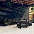 vidaXL Loungegrupp för trädgården med dynor 9 delar svart massiv furu 3097107
