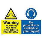 Viking Signs skyltar CP269-A4L-V "Varning detta område kan ha ljudnivåer mellan 80 och 85 dB (A), öronskydd finns tillgängligt på din begära
