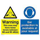 Viking Signs skyltar CP269-A3L-V "Varning detta område kan ha ljudnivåer mellan 80 och 85 dB (A), öronskydd finns tillgängligt på din begära