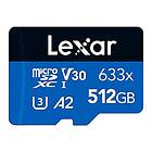 Lexar 633x 512 GB Micro SD Kort, microSDXC UHS-I Minneskort, med SD-adapter, upp till 100 MB/s Läsning, A2, C10, U3, V30, TF Kort för Smartp
