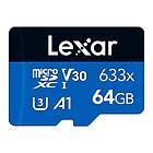 Lexar 633x 64 GB Micro SD Kort, microSDXC UHS-I Minneskort, utan SD-adapter, upp till 100 MB/s Läsning, A1, C10, U3, V30, TF Kort för Smartp