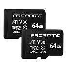 GB ARCANITE 2 stycken 64 microSDXC minneskort – A1, UHS-I U3, V30, 4K, C10, MicroSD, läshastighet på upp till 90 MB/s