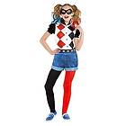 Amscan Barndräkt Harley Quinn, satinskjorta, shorts med leggings, bälte, ögonmask, joker, clown, temafest, karneval