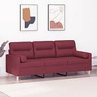 vidaXL 3-places soffa med prydnadskuddar vinröd 180 cm Tyg 3200835