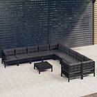 vidaXL Loungegrupp för trädgården med dynor 11 delar svart massiv furu 3097017