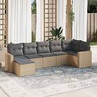 vidaXL Matgrupp för trädgården med dynor 7 delar beige konstrotting 3219269