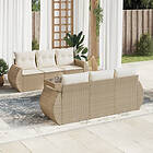 vidaXL Matgrupp för trädgården med dynor 7 delar beige konstrotting 3221107