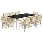 vidaXL Matgrupp för trädgården med dynor 9 delar beige konstrotting 3212144