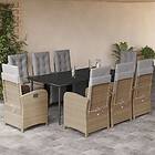 vidaXL Matgrupp för trädgården med dynor 9 delar beige konstrotting 3212590