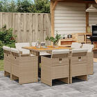 vidaXL Matgrupp för trädgården med dynor 9 delar beige konstrotting 3210664