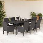 vidaXL Matgrupp för trädgård med dynor 9 delar svart konstrotting&glas 3278542