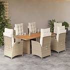 vidaXL Matgrupp för trädgården med dynor 7 delar beige konstrotting 3213372