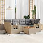 vidaXL Matgrupp för trädgården med dynor 7 delar beige konstrotting 3224463