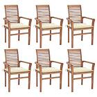 vidaXL Matstolar 6 st med dynor gräddvit massiv teak 3072948