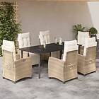 vidaXL Matgrupp för trädgården med dynor 7 delar beige konstrotting 3213014