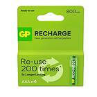 GP Batteries Recharge Rechargeable Battery, Size AAA, 800 mAh, 4-pack