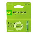 GP Batteries Recharge Rechargeable Battery, Size AAA, 650 mAh, 4-pack