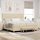 vidaXL Boxspring Säng med Madrass & Bänk Gräddvit 200x200 cm Tyg
