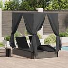 vidaXL Double Sun Lounger with Roof and Curtains Grey Poly Rattan