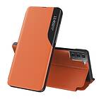 Ruhtel Eco Leather View Case elegant bokhylla fodral med stöd för Samsung Galaxy S21+ 5G orange