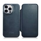 iCarer CE Oil Wax Premium Leather Folio Case iPhone 14 Pro Flip Magnetic MagSafe Blue
