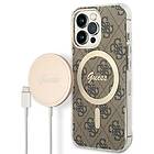 Guess Zestaw GUBPP13LH4EACSW Case+ Charger iPhone 13 Pro brązowy/brown hard case 4G Print MagSafe