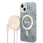 Guess Zestaw GUBPP14MH4EACSB Case+ Charger iPhone 14 Plus 6,7 niebieski/blue hard case 4G Print MagSafe