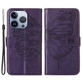 Butterfly iPhone 14 Pro Max Plånboksfodral Flower Imprinted Lila
