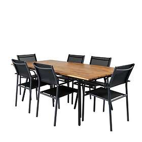 Venture Design Matgrupp Chane med 6 Samba Stapelbara Matstolar Chan Dining Table Black Steel / Acacia (teak look) 200cm GR21469