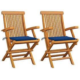 vidaXL Trädgårdsstolar med blåa dynor 2 st massivt teakträ 3062491