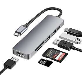 NÖRDIC 1 till 6 USB C Aluminium Dockningsstation 1xHDMI 4K 30Hz 2xUSB-A 3.1 5Gbps 1x USB C PD87W 1xSD/TF kortläsare