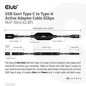 Club 3D USB Type-C-kabel USB-C till USB Type A 10 m