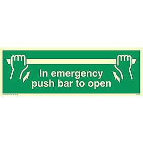 Viking Signs Schild „In Emergency Push Bar To Open“ – Nachleuchtend, 50x150 Mm, Selbstklebend