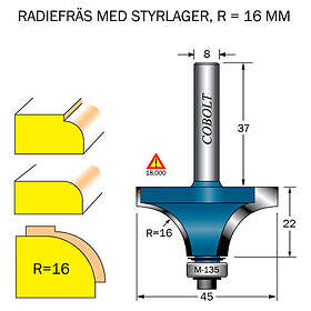 Cobolt Avrundningsfräs R=16 D=45l=22