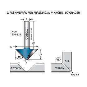 Cobolt Gipsskivefräs 45° L=15 D=33 S=8