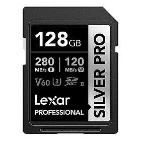 Lexar Silver Pro SD-kort 128GB, UHS-II-minneskort, V60, U3, C10, SDXC-kort, upp till 280MB/s Läs, för professionell fotograf, videograf, ent