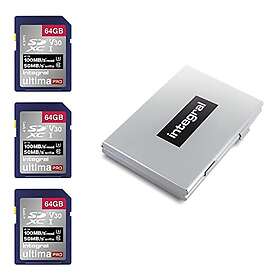 Integral 64 GB SD-kort 3-Pack4K Ultra-HD Video Hög hastighet Minneskort SDXC V30 UHS-I U3 Klass 10 upp till 100 MB/s, Färg Kan Variera