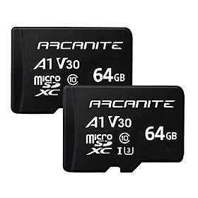 GB ARCANITE 2 stycken 64 microSDXC minneskort – A1, UHS-I U3, V30, 4K, C10, MicroSD, läshastighet på upp till 90 MB/s