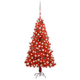vidaXL Muovikuusi LED-valoilla ja punaisilla joulupalloilla 120cm