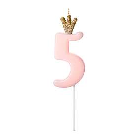 PartyDeco Tårtljus Siffra med Krona Rosa 5 år