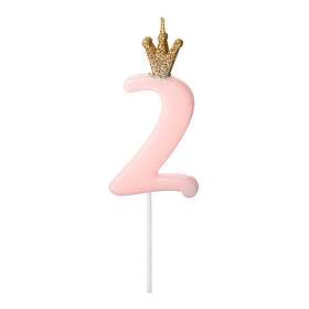 PartyDeco Tårtljus Siffra med Krona Rosa 2 år