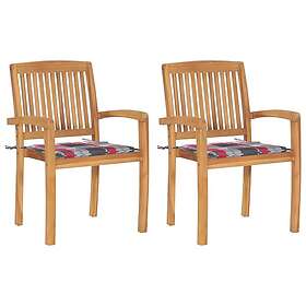 vidaXL Trädgårdsstolar 2 st med rödrutiga dynor massiv teak 3063265
