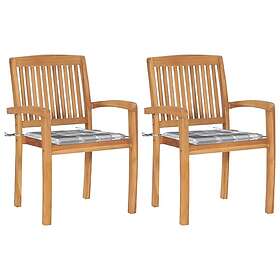 vidaXL Trädgårdsstolar 2 st med grårutiga dynor massiv teak 3063266